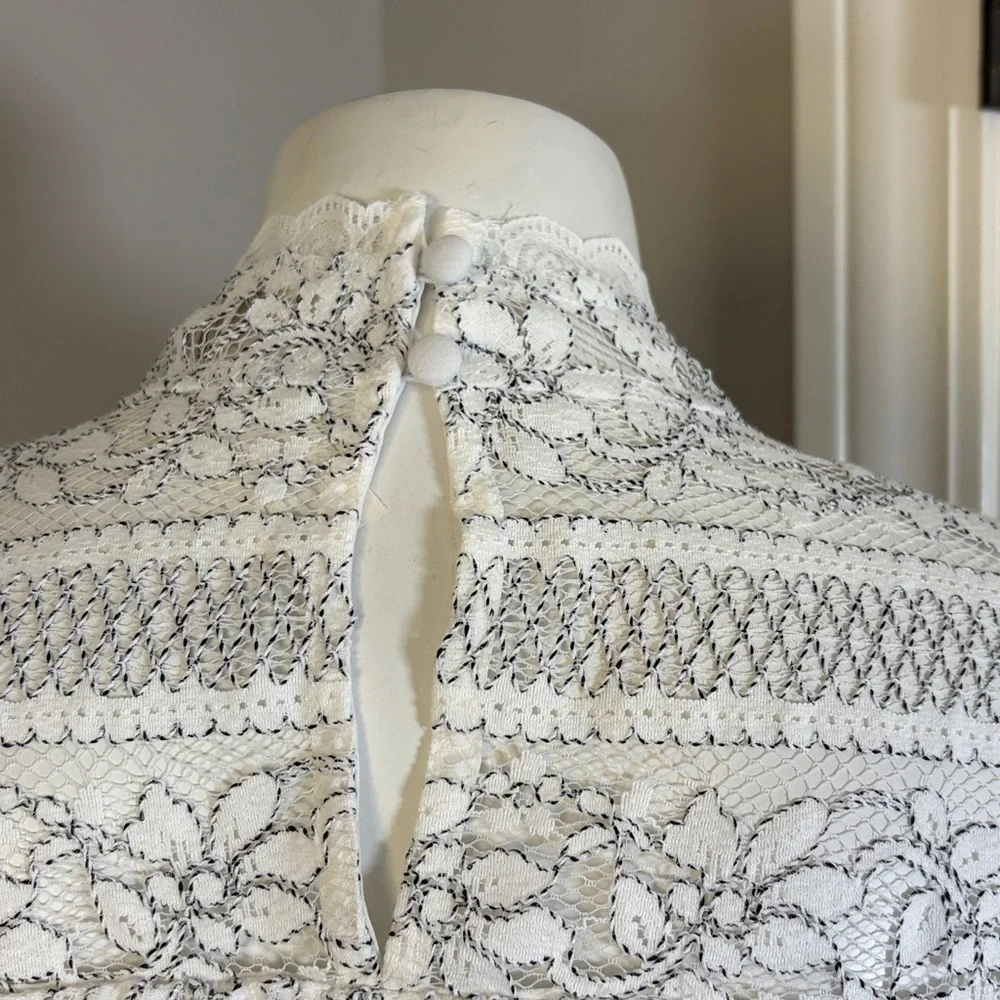 Anthropologie Mock Neck Long-Sleeve Lace Top Cream Black Sz L NEW